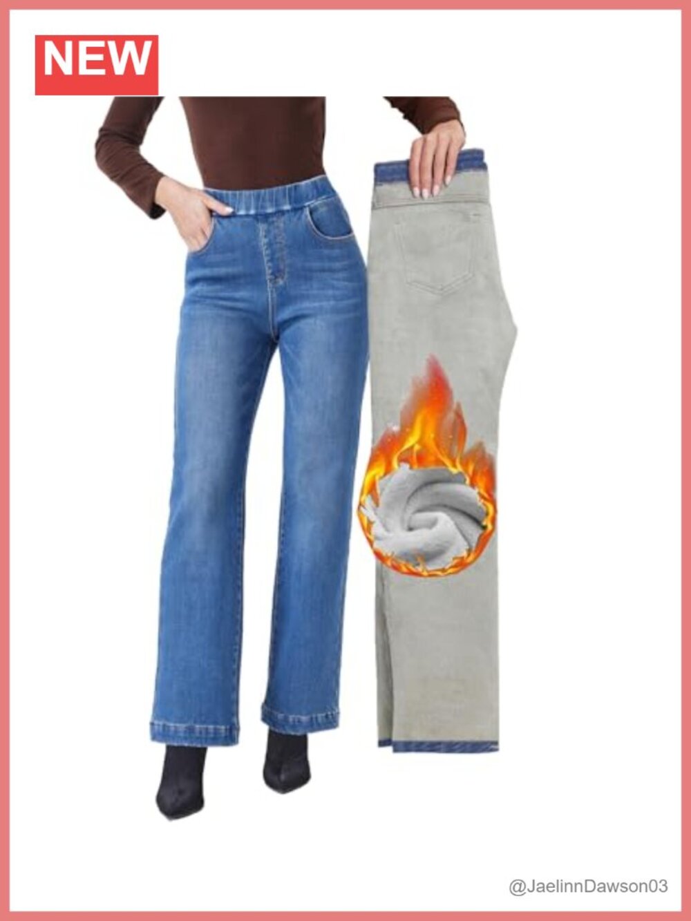 Fleece Lined Wide Leg Jeans Thermal Flannel Lined Pull On Winter Denim Pants